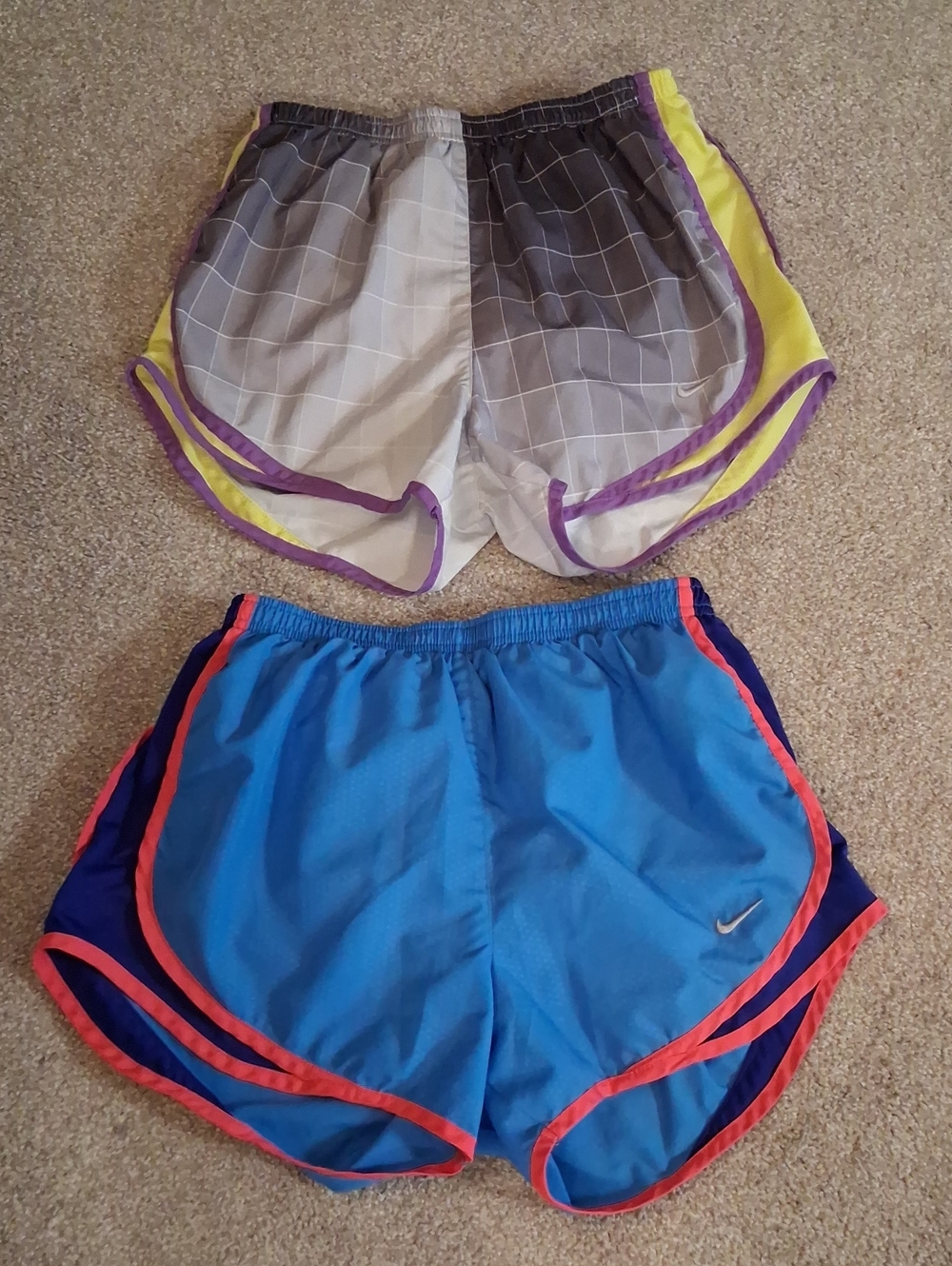 Nike (Two) Pairs Lined Running Shorts . Gray Checkered & Blue (S) Bundle Of Two